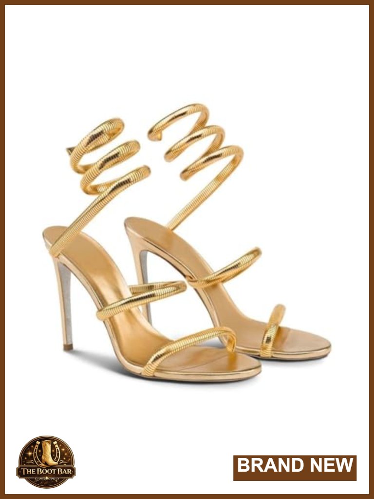 Gold Metallic Heeled Sandals With Spiral Straps, Stiletto Heels For Women, Lace